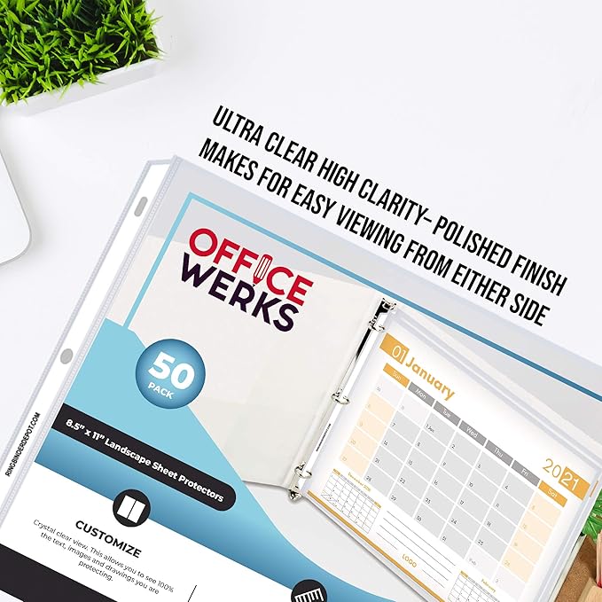 Performore 50 Sheet Protectors, Landscape Clear Page 8.5 X 11 Inch for 3 Ring Binder, Plastic Sheet Sleeves, Top Loading with 3 Hole-Punched Archival Safe, Non-Stick and Long-Lasting