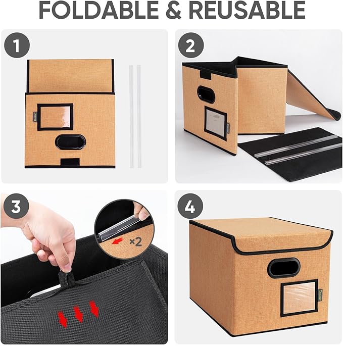 BALEINE File Organizer Box with Lid, Collapsible File Folder Organizer with Plastic Slide, Hanging File Folder Box for Office Document Storage (2 Pack, Orange)