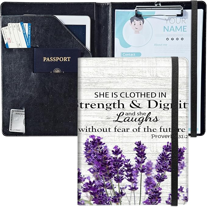 PU Leather Padfolio Clipboard Notepad with Pen Loop and Elastic Strap Interview/Resume Document Organizer for Business School Office,Purple Lavender