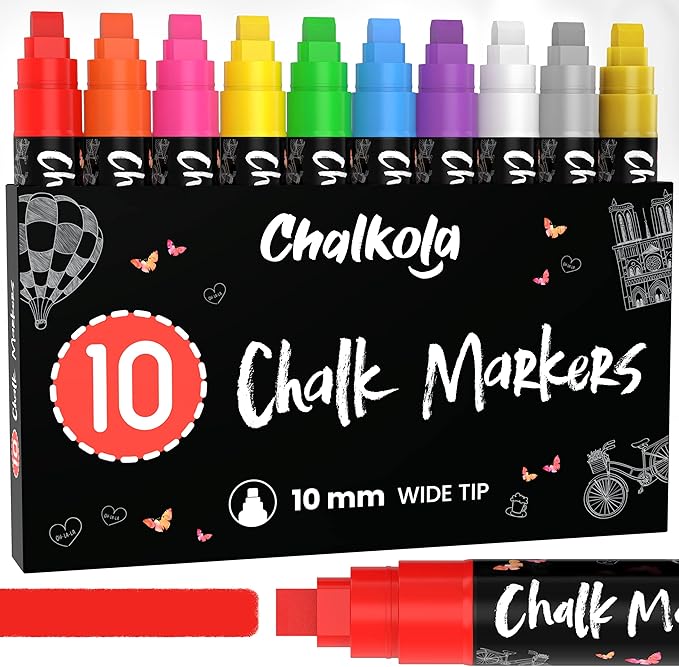 Chalkola Neon Car Window Markers - 10 Chalk Pens (with Gold, Silver) - 3 in 1 Nib, 10mm Jumbo Tip - Washable Liquid Chalk Markers for Blackboard, Chalkboard, Glass, Cars - Erasable Window Glass Pens