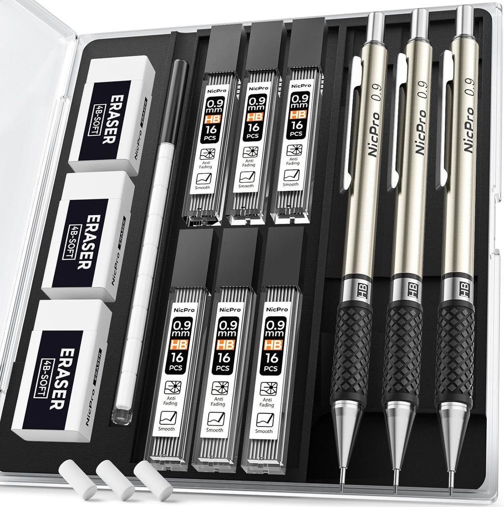 Nicpro RG1000 0.9 mm Art Mechanical Pencil Set in Storage Case, 3 PCS Metal Drafting Pencil Lead Pencil with 6 Tube HB Refills, 3 Erasers, 9 PCS Eraser Refills for Artist Writing, Drawing, Sketching