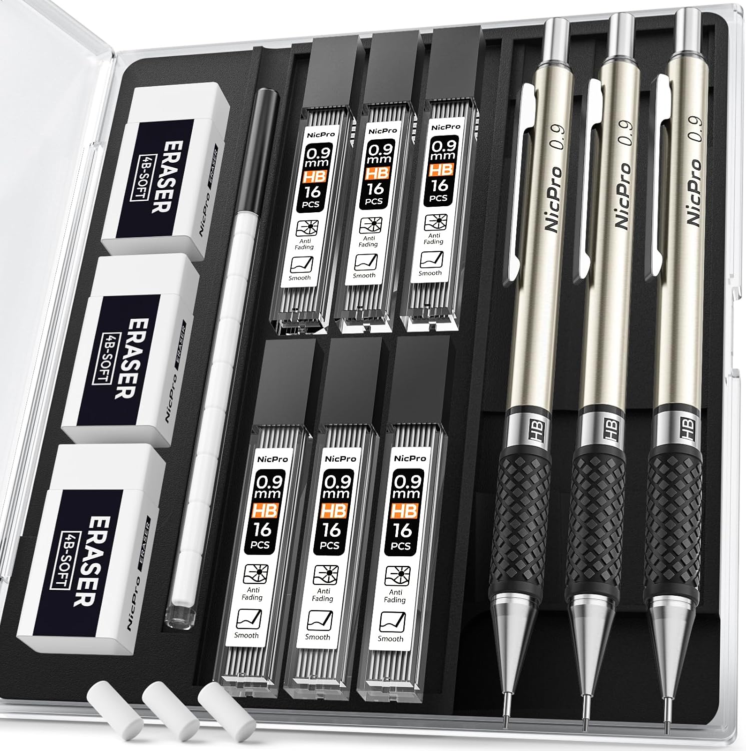 Nicpro RG1000 0.9 mm Art Mechanical Pencil Set in Storage Case, 3 PCS Metal Drafting Pencil Lead Pencil with 6 Tube HB Refills, 3 Erasers, 9 PCS Eraser Refills for Artist Writing, Drawing, Sketching