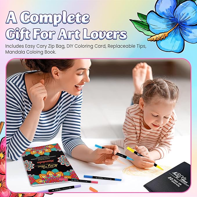 Dual Tip Brush Art Marker Pens, 80 Unique Bright Color, Water-Based Ink, Fineliner & Brush Tip Pens for Arts Lovers Coloring Drawing Book, Calligraphy Writing, Sketching and Doodling