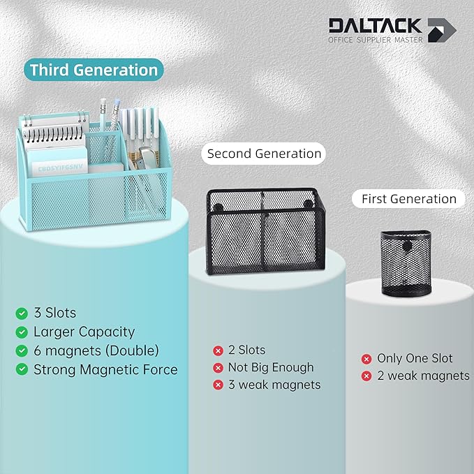 DALTACK Magnetic Pencil Holder - 3-Grid Mesh Shelf for Whiteboard, Refrigerator & Locker - Organizer for Home, School & Office, Blue