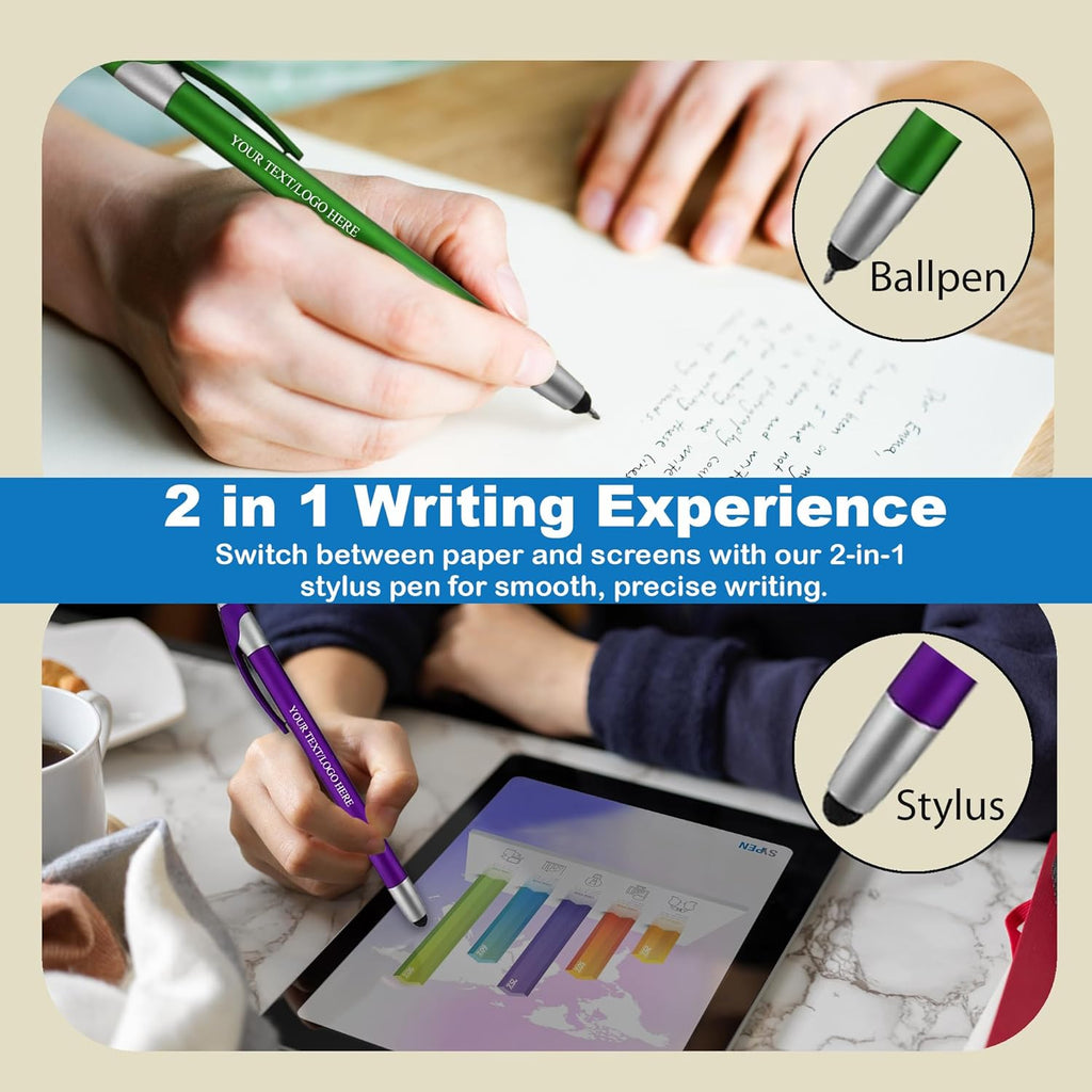 Personalized with Your Custom Logo or Text Pens-Pack of 300- for Marketing, Parties, and Events, 2 in 1 Capacitive Stylus & Ballpoint Pen Compatible with Touchscreen Devices, Black Ink, Assorted