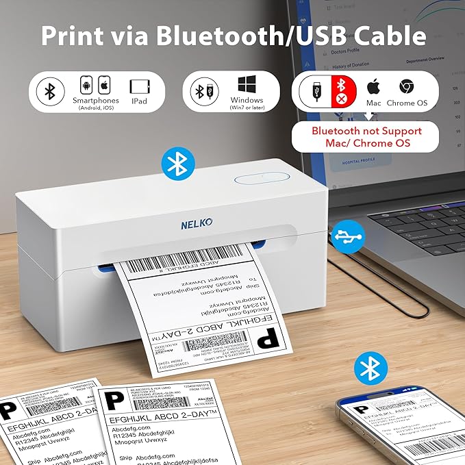 Nelko Bluetooth Thermal Label Printer, Wireless 4x6 Shipping Label Printer for Shipping Packages, Support Android, iPhone and Windows, Widely Used for Amazon, Ebay, Shopify (Sliver White)