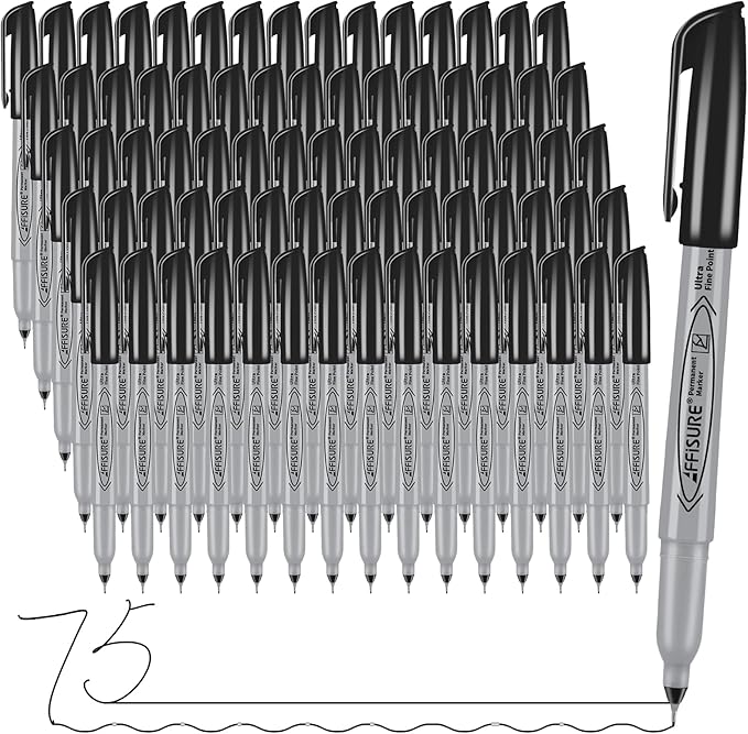 Permanent Markers, Ultra Fine Point, Black, 75 Count, 0.4mm, Fine tip permanent marker set, quick dry, waterproof, fading resists, durable, marks on paper, glass, ceramic, plastic, wood, rock, metal