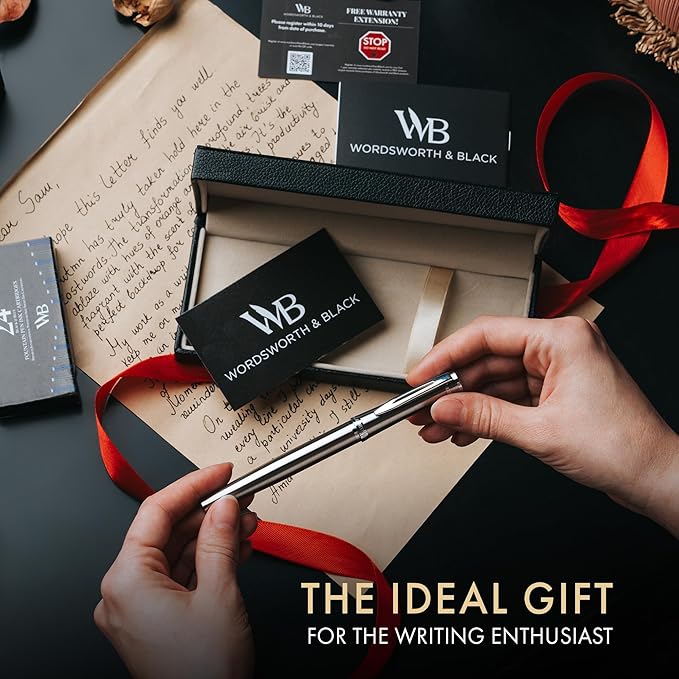 Wordsworth & Black Fountain Pen Set, Broad Nib, Includes 24 Pack Ink Cartridges, Ink Refill Converter & Gift Box, Chrome Finish, Calligraphy, [Silver Chrome], Perfect for Men & Women
