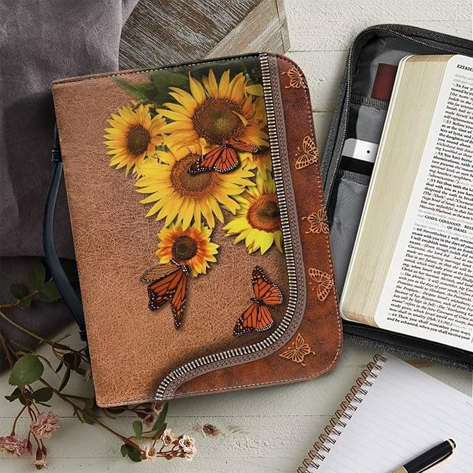 Lotusorchid Butterfly Bible Bags, Sunflower Faux Leather Bible Covers with Handle Pockets for Women, Portable Sturdy Bible Bag for Girls Ages 8-12, Christian Bible Study Accessories, Brown,L