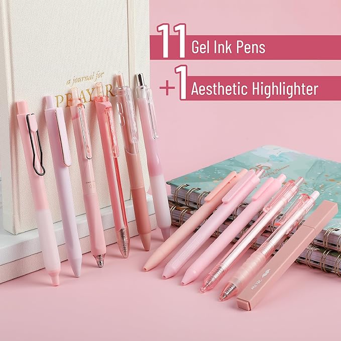 Mr. Pen- Gel Ink Pen Set, 12 pcs, Pastel Pink Barrel, Pink Pens Black Ink Gel Pens Fine Point 0.5mm, One Highlighter, Gel Ink Pens, Cute Pink Pens for Women, Cute Pens for Women, Pink Gel Pens Pink