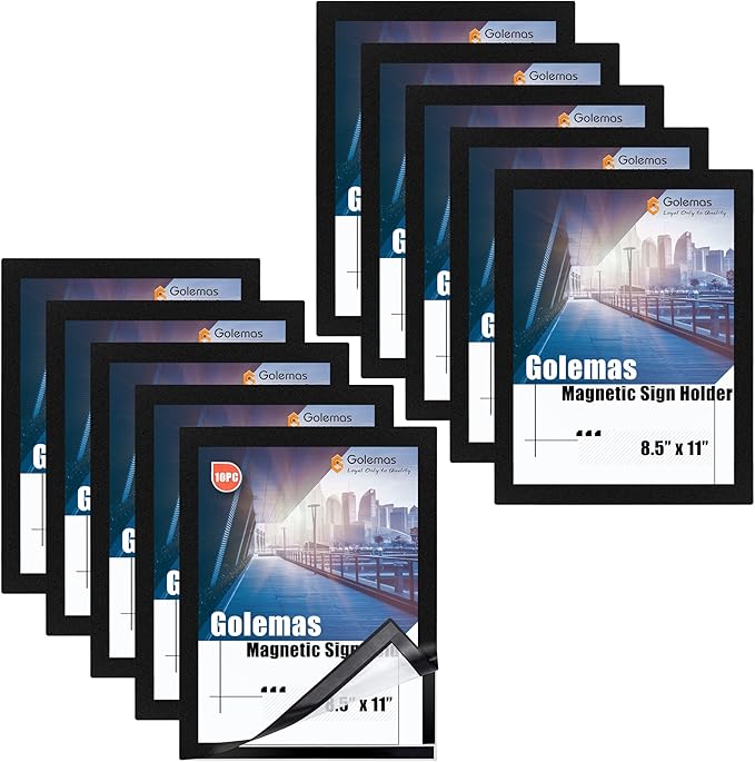 Magnetic Sign Holder, 8.5 x 11 Wall Mount Self Adhesive Document Display Frames, Double Sided Display for Glass Window (Black, 10pack)