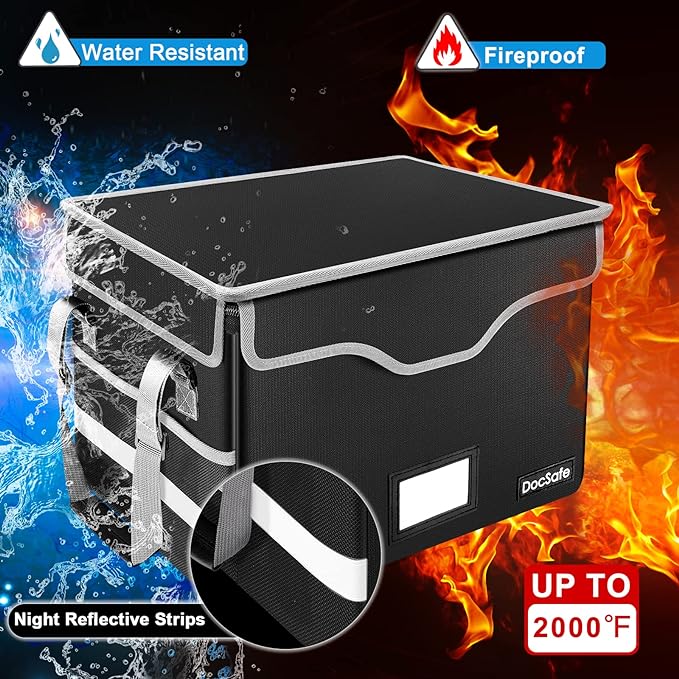 DocSafe File Box Fireproof Document Box with Lock,File Storage Organizer Box with Insert Pockets,Collapsible Portable File Box Home Office File Cabinet for Hanging Letter/Legal Folders,Black,2 Pack