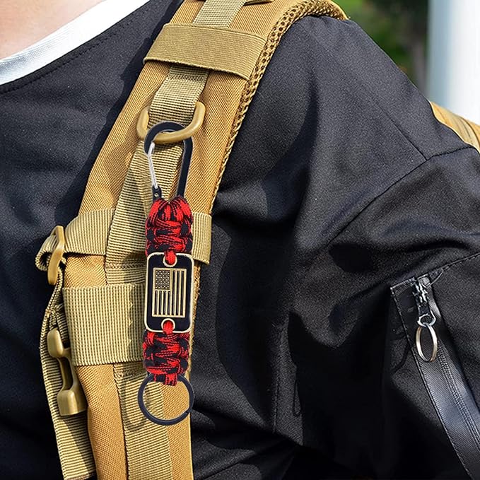 Paracord Keychain with USA Flag, Paracord Carabiner Keychain Clip, Braided Lanyard Utility Ring Hook Outdoor Camping Kit