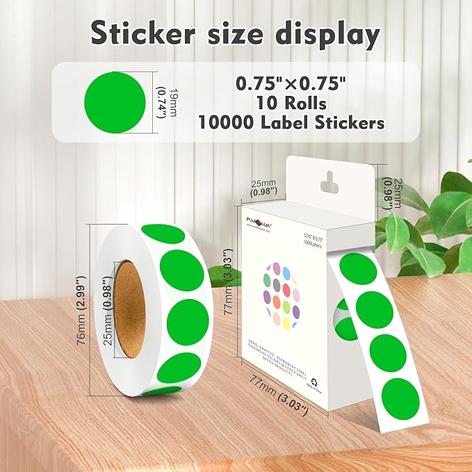PARLAIM 3/4 Inch Round Permanent Adhesive Color-Code Dot Stickers,10000 Stickers Roll dots Label Dispenser Box Green Circle Stickers Labels 10Rolls (Green)