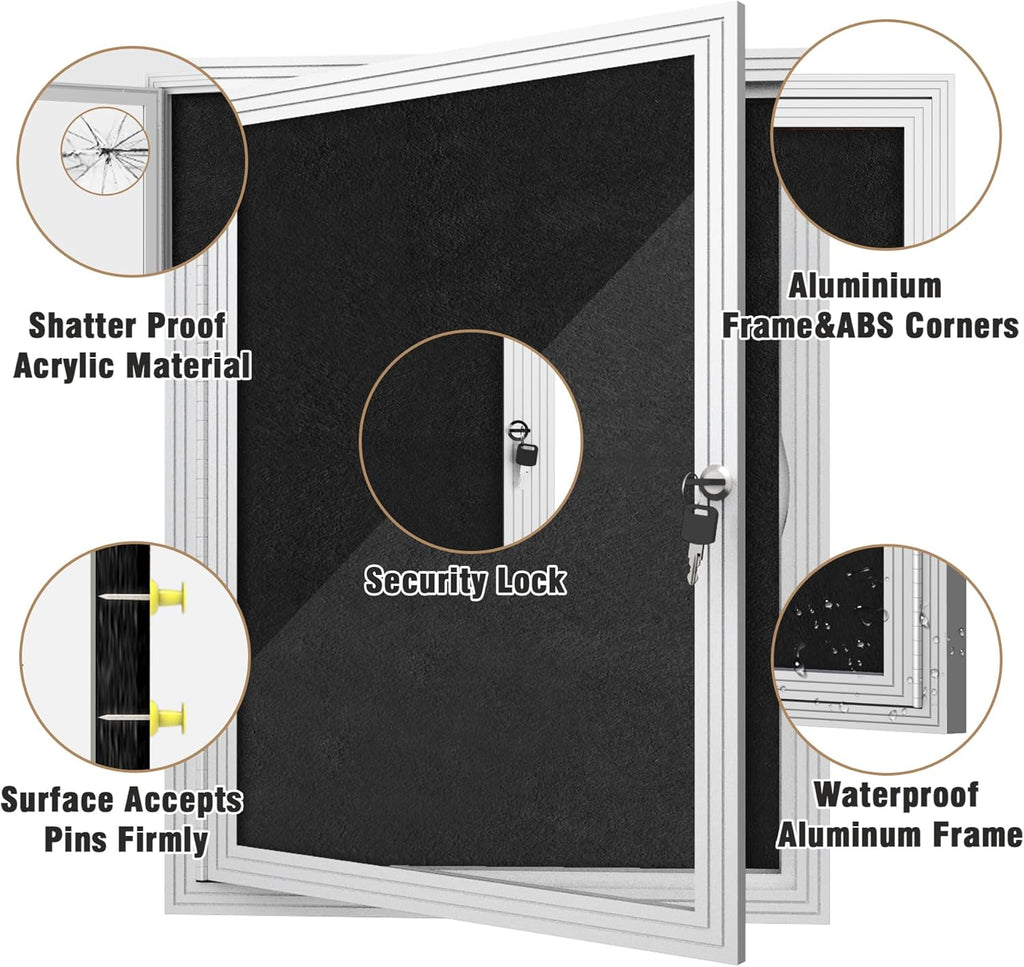 26"x20" Enclosed Bulletin Board, Outdoor Lockable Weather-Resistant Aluminum Cork Noticeboard for School & Office, Silver Frame w/Black Flet