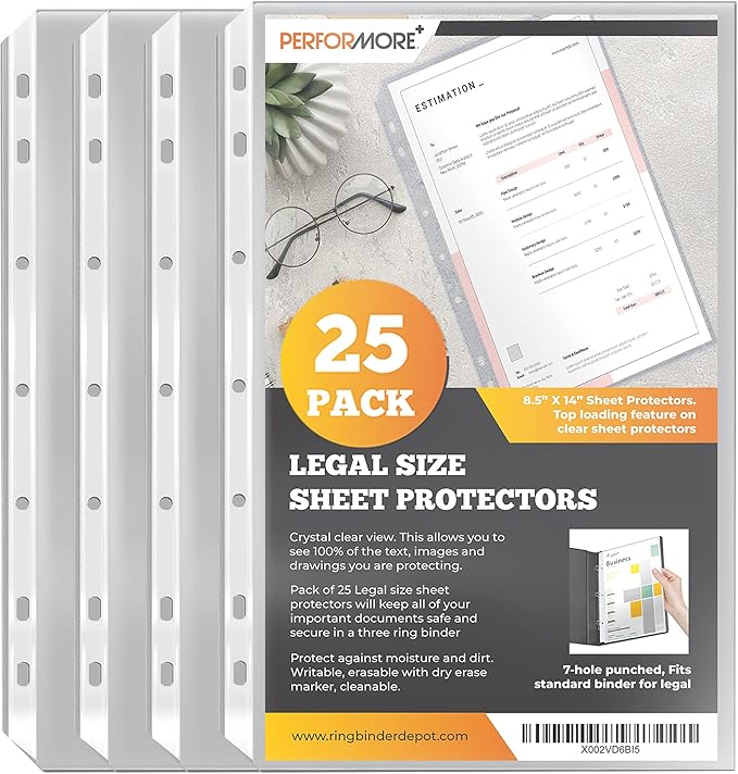 Performore 25 Pack of 8.5x14 Legal Size Heavyweight Long Clear Sheet Protectors, Plastic Legal Paper Sleeves, Clear Archival Quality for Binders Documents
