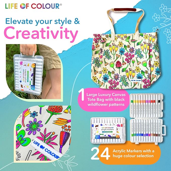 Life of Colour Doodle Bag with Wildflower Patterns – Color Your Own Tote Bag Craft Kits for Adults, Includes Canvas Tote & 24 Acrylic Markers – DIY Painting & Art Kit for Women