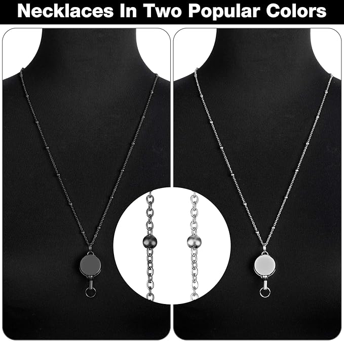 Outus 2 Pieces Badge Lanyard with ID Holders Stainless Steel Badge Holders Necklace Retractable Reel Clip Chain Water Resistant Name(Black, Silver)