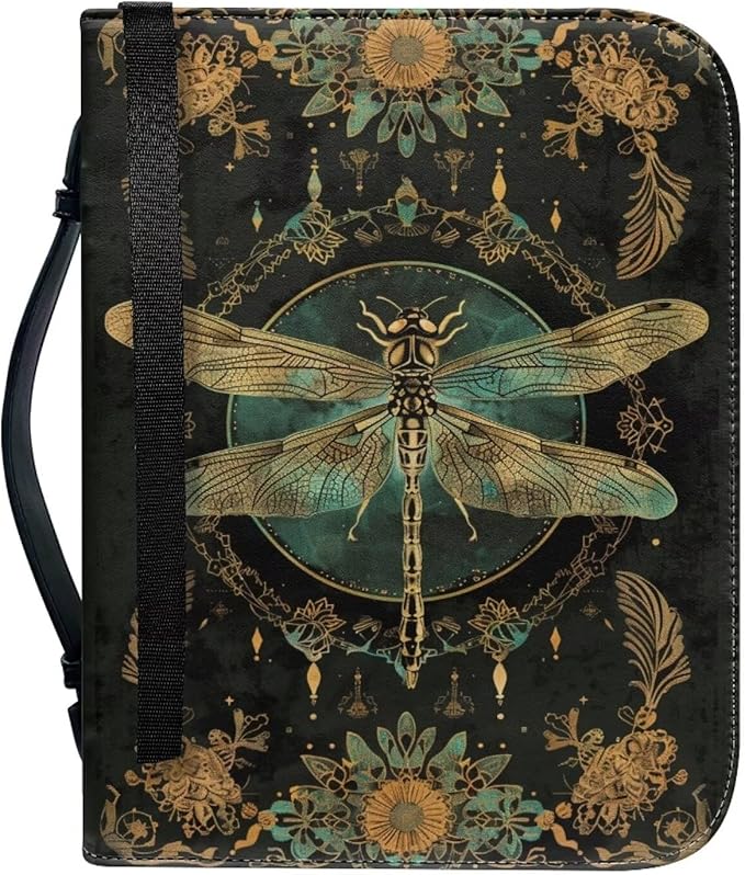 Lotusorchid Mandala Dragonfly Printed Women Bible Cover Leather Bible Book Church Bags with Handle and Zippered Pocket