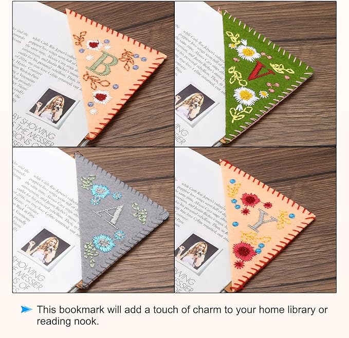 PATIKIL Personalized Embroidered Corner Bookmark, Cute Flower Felt Stitched Triangle Book Mark Page Marker for Women Men Book Lovers Teachers, Pink, Letter H