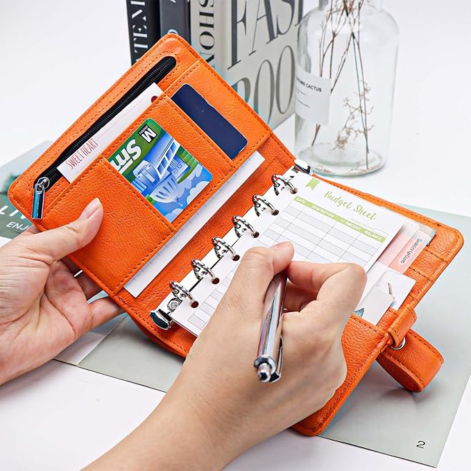 Mogoostry A7 Binder Cover Savings Binder Wallet Leather Binder Folder 6-Ring Refillable Notebook Binder Planner Cover Hardcover Budget Binder Organizer (Orange)