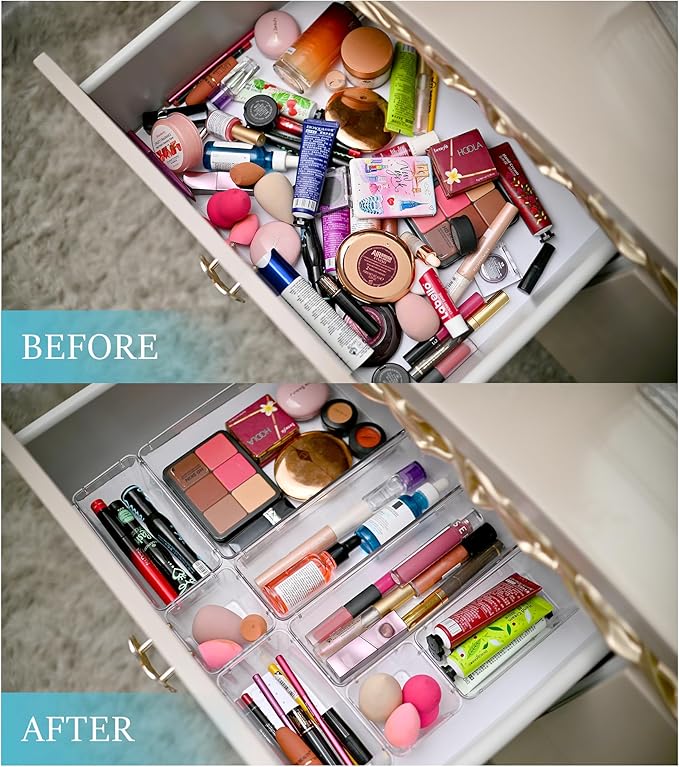 ZMS ZMS Bathroom Organizers and Storage (15 pcs) - 4-Size Multi Compartments Shallow Makeup Drawer Organizer for Kitchen Utensils & Office Accessories | Unbreakable Drawer Trays Bins for Organization