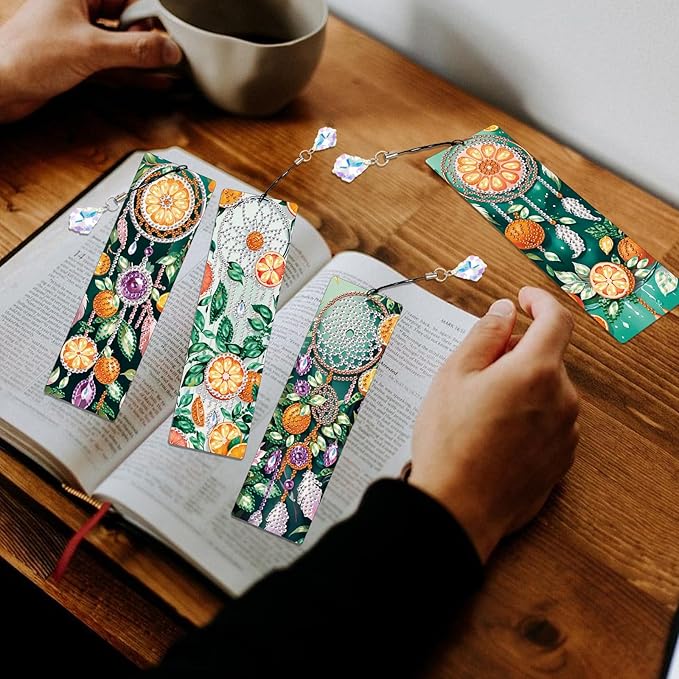 4 Pieces Diamond Art Bookmarks DIY 5D Diamond Painting Bookmarks Floral Dreamcatcher Beaded Bookmarks with Tassel Resin Rhinestone Leather Bookmark for DIY Art Crafts Adults Beginners