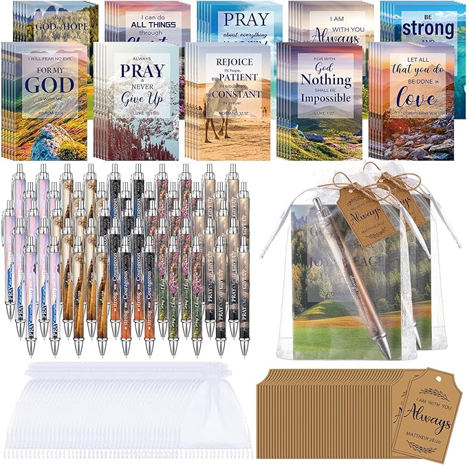 200 Pcs Bible Verse Sets Church Christian Gift Include 50 Scripture Notebooks 50 Bible Bamboo Pens 50 Thanks Tags 50 Organza Bags for Women Man Christian Party Gifts(Bright Color,Scenery)