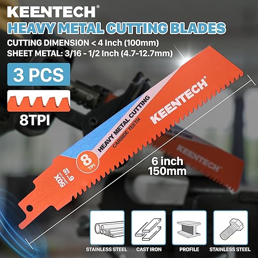 KEENTECH Carbide Sawzall Blades for Hard & Heavy Metal Cutting, 6 Inch 8 TPI, Heavy Duty Reciprocating Saw Blade with High Cutting Speed For Thick Metal, Cast Iron, Alloy Bolt, Stainless Steel, 3 Pack