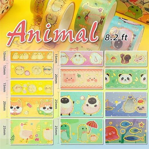 Cute Pets Washi Tape Set 13 Rolls Wide Gold Embellishment Decorative Masking Tapes for Arts, DIY Crafts, Journals, Planners, Scrapbook, Wrapping (Animal Kindergarten), 10/15/20/25mm