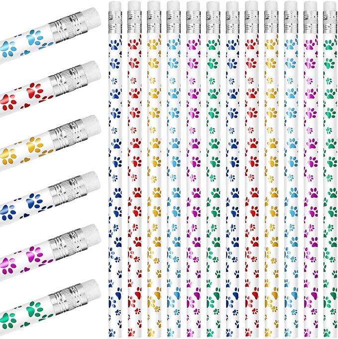 Chinco 200 Pcs Paw Print Pencils Dog Paw Wooden Writing Novelty Pencils with Erasers for Kids Doggy Party Favors Welcome Back to School Party Supplies, 6 Colors
