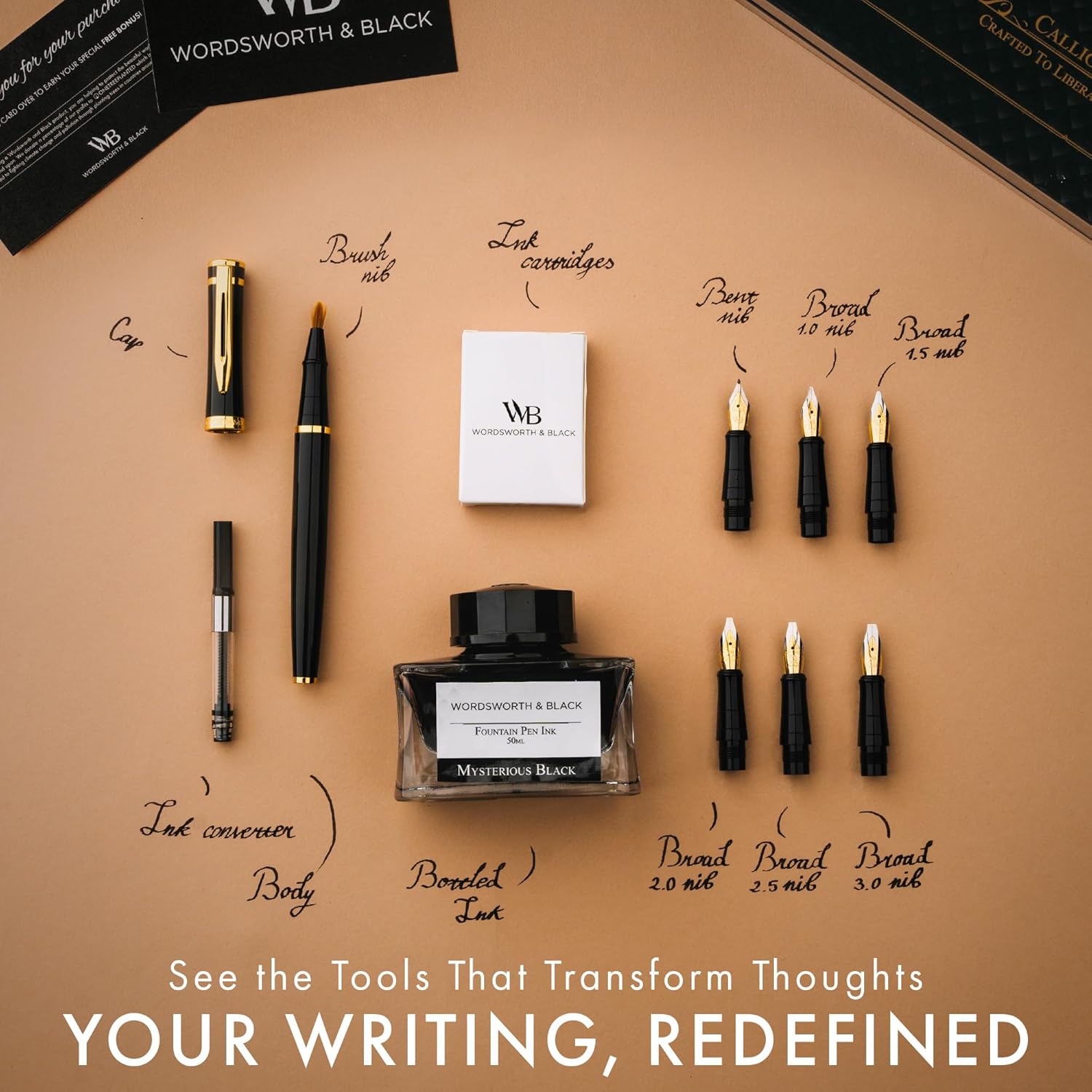 Wordsworth & Black Calligraphy Pen Gift Set, Includes Bottle, 6 Cartridges, Refill Converter, 6 Replacement Nibs, Premium Package, Journaling, Smooth Writing Pens [Black Gold]