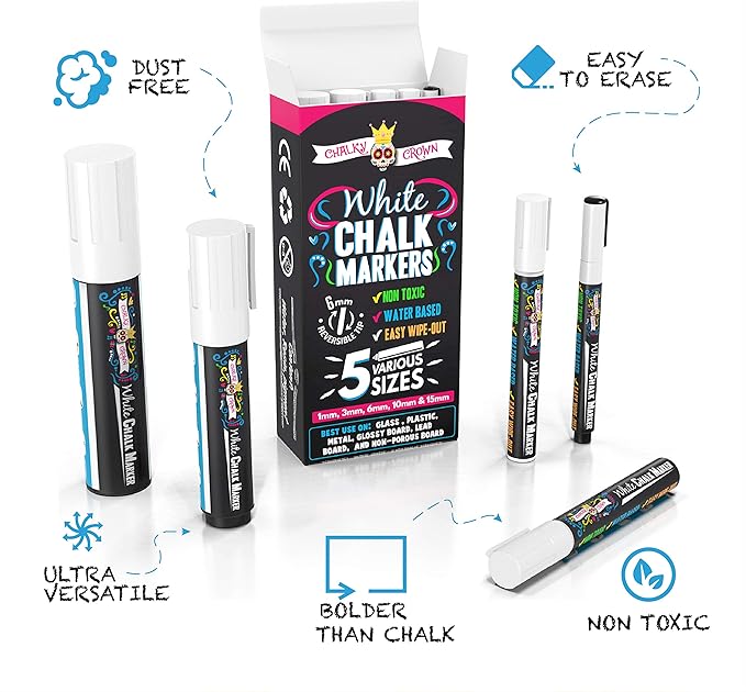 CHALKY CROWN 5pc White Chalk Markers - Non-Toxic Liquid Chalkboard Markers, White Liquid Chalk Marker for Windows, Glass - 1, 3, 6, 10, 15mm Tips