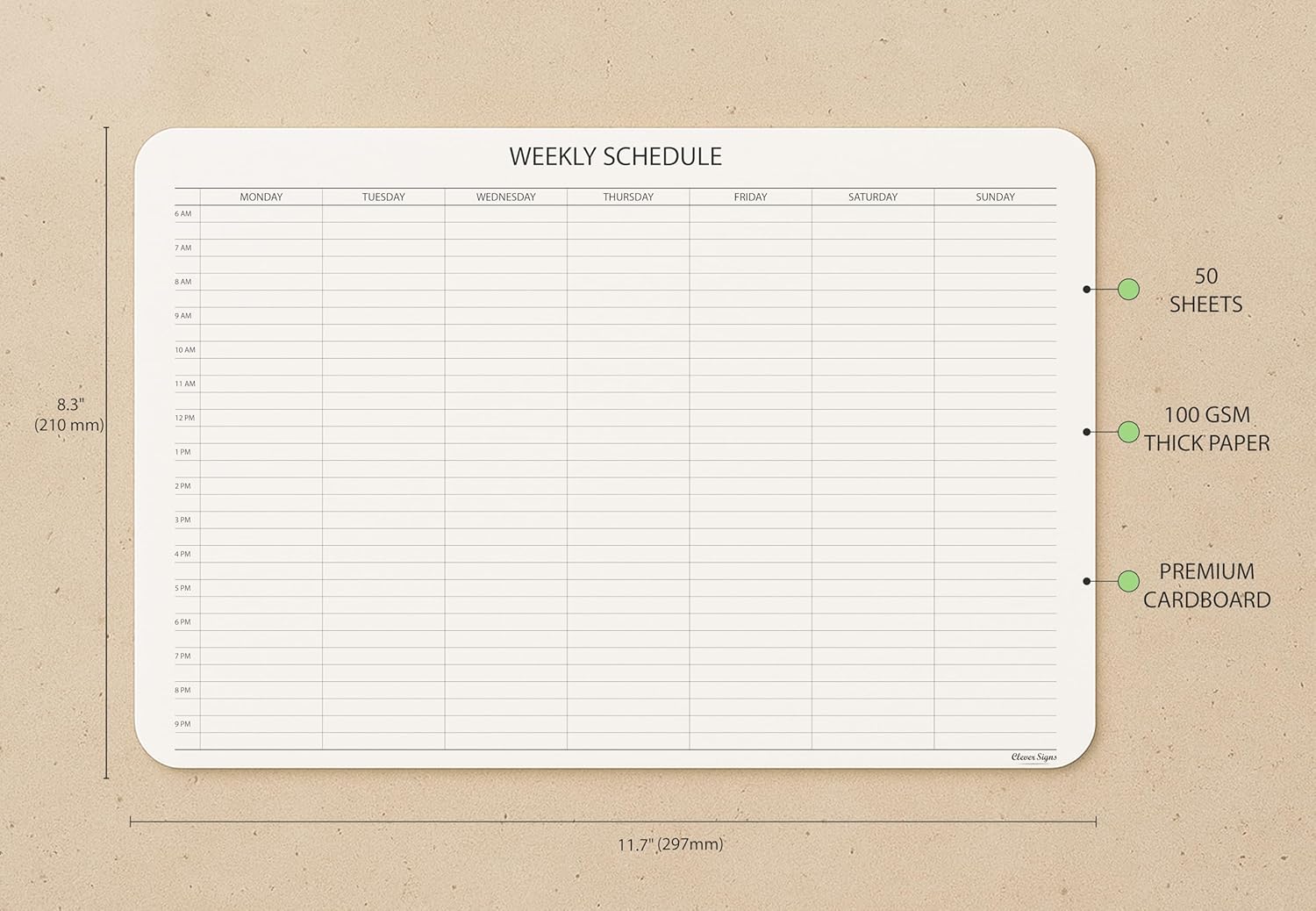 Schedule Pad, Tear Off Undated Weekly Planner Notepad, A4 Size (8,3" X 11,7"), Premium Thick Paper with Cardboard Back Support, Weekly Desk Planner by CLEVER SIGNS