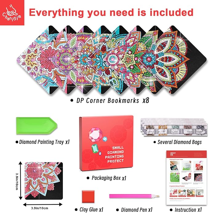 8 Pcs Diamond Art Bookmarks Kit for Adult, DIY Diamond Paint Corner Book Makers Set, Small Diamond Art Kits, Paint by Art Crafts Kit Gifts for Women