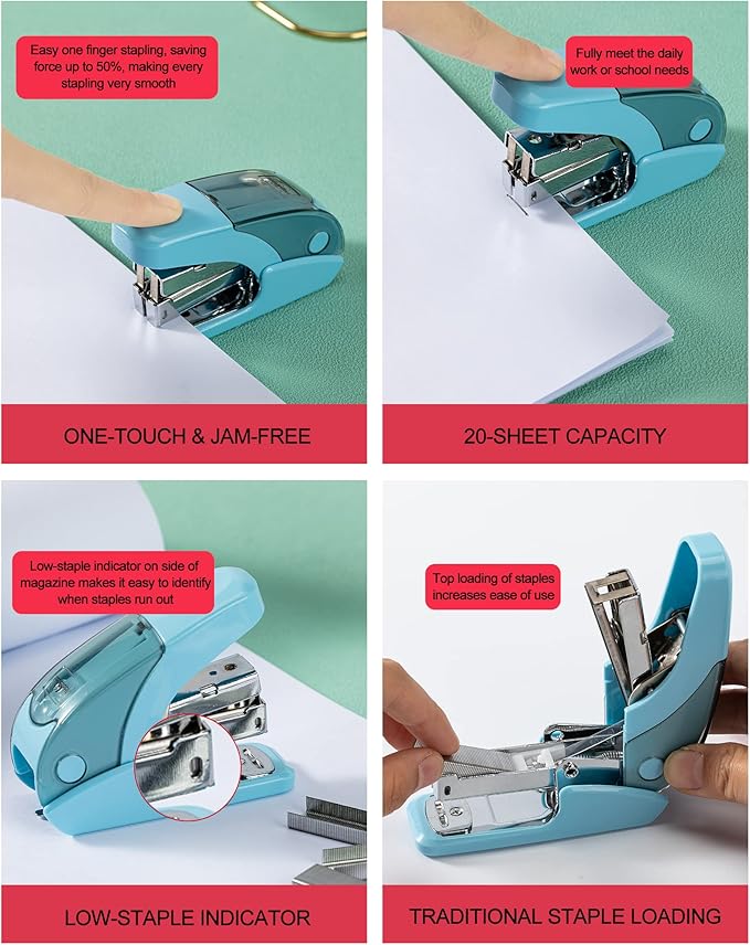 PAPERPAL Effortless Mini Stapler Set, 20 Sheet Capacity, Integrated Remover & Staple Storage, Holds 1/4" Staples, Includes 1000 Staples, Lightweight, Office, School & Daily Use, Light Blue