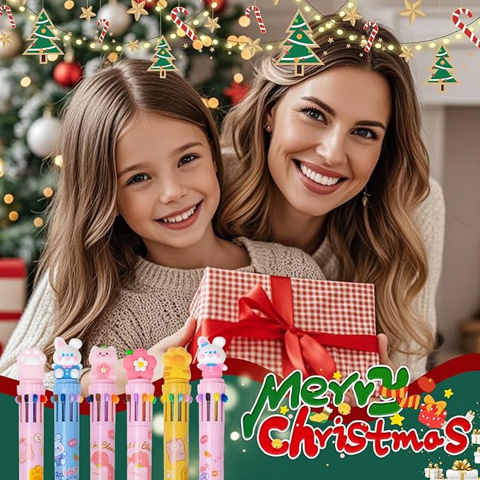 Multicolor Ballpoint Pen 0.7 mm, 10-in-1 Colored Pens Fine Point Retractable Cute Cartoon Ballpoint Pens for Office School Students Kids Christmas Gift, 6 Pack