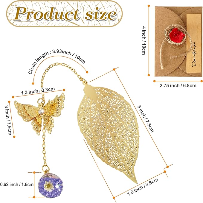 Golden Leaf Metal 3D Bookmark with Bonus Handmade Greeting Card, Butterfly & Rose Flower Craft Gift Card Envelope, Gift for Book Lovers, Family, Friends, Teacher & Kids Chongzhen