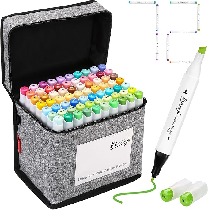 Bianyo 72 Pastel Markers Alcohol Marker Set, Dual Tip Art Markers Set, Alcohol-Based Ink Permanent Marker with Premium Grey Bag for Adults, Kids, Amateurs, Coloring, Drawing, Outlining, highlighting