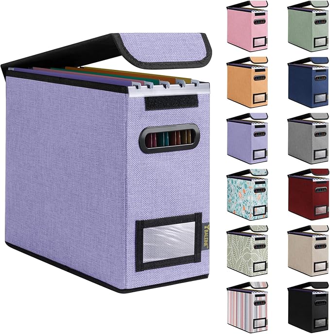 BALEINE File Organizer Box with Lid, Collapsible File Folder Organizer with Plastic Slide, Hanging File Folder Box for Office Document Storage (1 Pack, Purple, S)