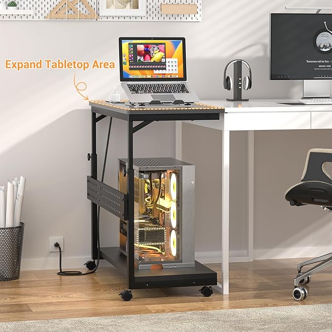 Computer Tower Stand with Power Strips, Height Adjustable PC Tower Stand/Cart with Wheels, Mobile Rolling CPU Holder, Computer Cart Side Stand for Computer Desk, 32", Carbon Fiber Black