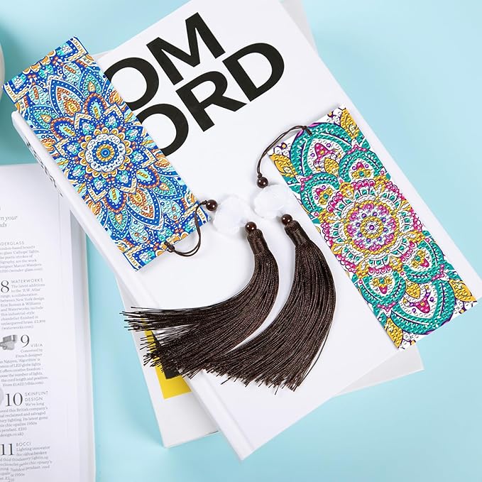 Anseal 3 Pcs 5D Diamond Bookmarks Painting for Book Lovers, Mandala PU Leather Diamond Dotz Art Bookmark for Adults, Tassel Beaded Book Mark for Graduation Birthday Reading Present