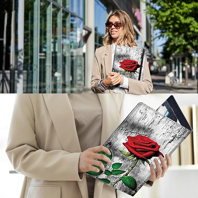 PU Leather Padfolio Folder Clipboard Portfolios Organizer Conference Document Organizer with Business Card Holder Storage Clipboard Writing Pad,Elegant Red Rose