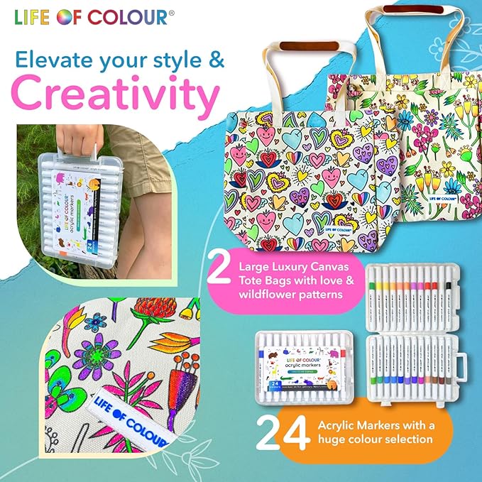 Doodle Bag Bundle – Color Your Own Tote Bags in Two Playful Patterns - Craft Kits for Adults Includes 2 Canvas Totes & 48 Acrylic Markers – DIY Painting & Art Kit for Women