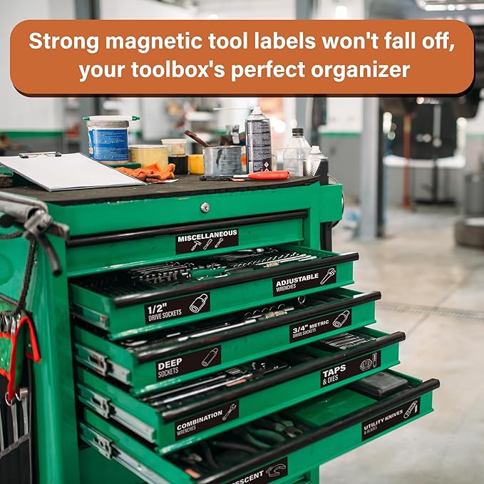 Toolbox Organization Magnetic Labels 80 Pcs, Tool Organizer Icon Labels with Strong Magnets, Toolbox Widget Stickers Accessories, Fits All Brands of Steel Tool Chest Organizer, 3" x 1"
