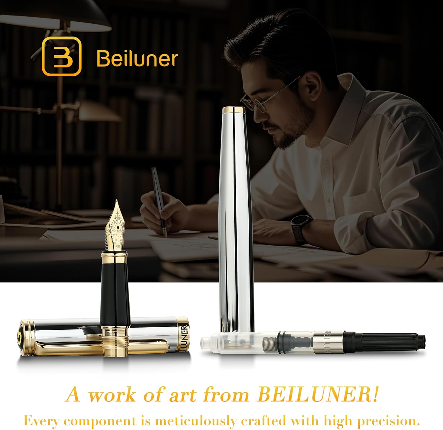 BEILUNER Silver Chrome Fountain Pen,Stunning Luxury Pens with 24K Gold Accents, Gorgeous 24K Gilded Nib(Fine), Ink Converter,Fancy Pen Gift for Men&Women-Elegant, Office, Reliable,Nice for Writing