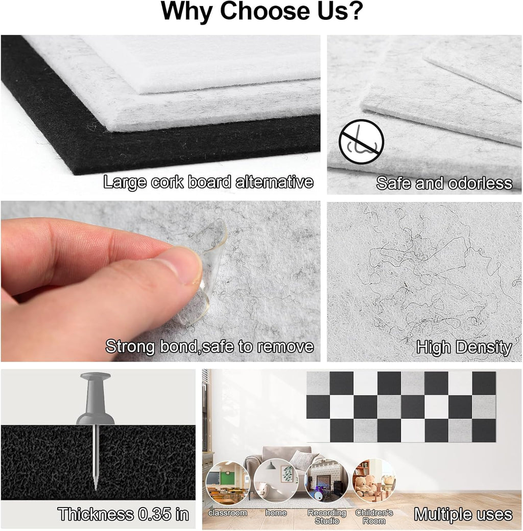 Large Cork Board for Walls 47" x 35" 12 Pack Black Bulletin Boards Felt Wall Tiles with Safe Removable Adhesive Corkboards for Office Home,Grey
