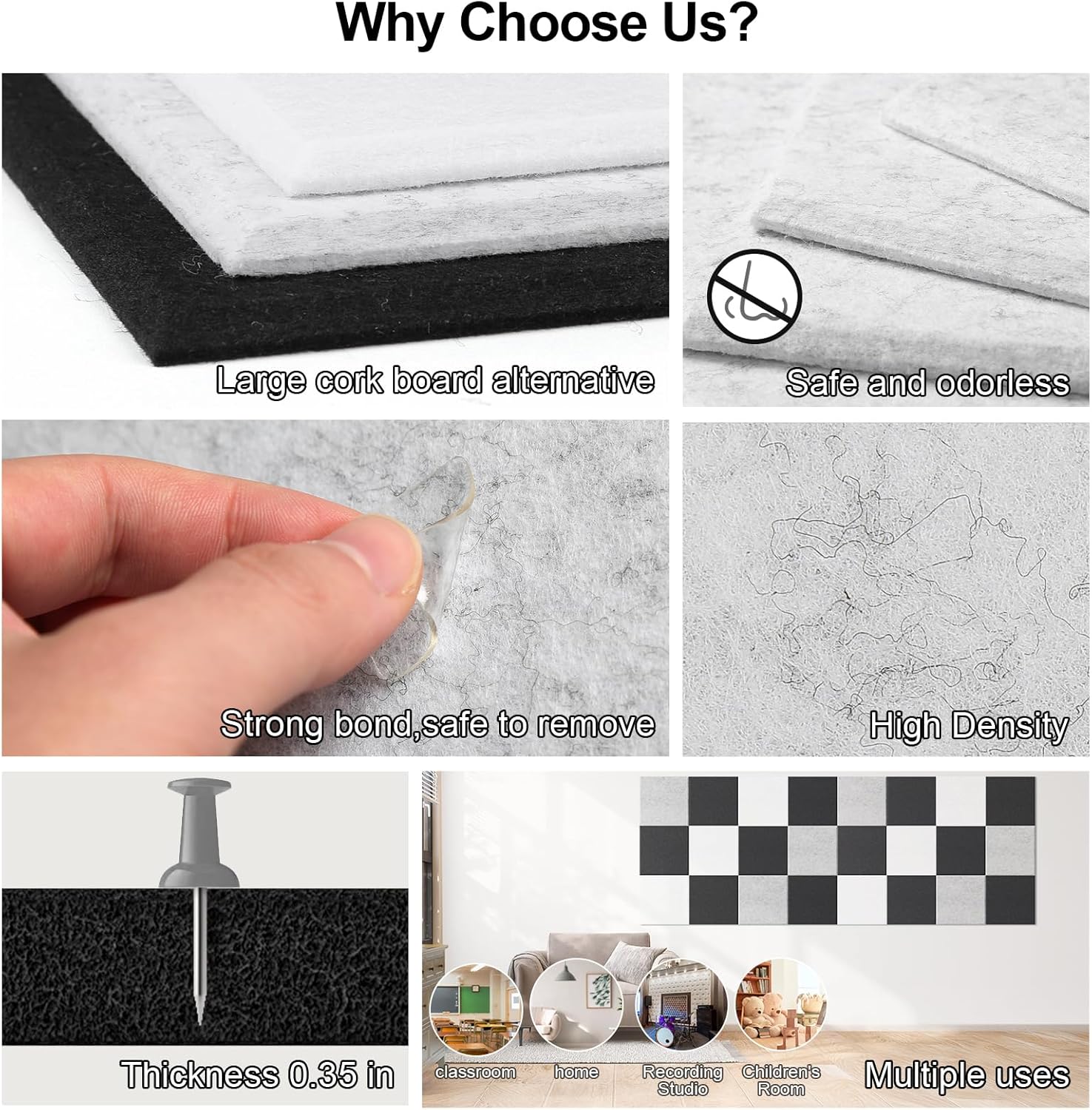 Large Cork Board for Walls 47" x 35" 12 Pack Black Bulletin Boards Felt Wall Tiles with Safe Removable Adhesive Corkboards for Office Home,Grey