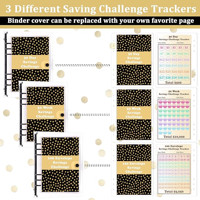 HAUTOCO 100 Envelopes Money Saving Challenge A5 Binder, Savings Challenges Book to Save $5,050, $500, $10,000, Budget Binder with Cash Envelopes, PVC Money Saving Binder with Challenge Trackers, Black