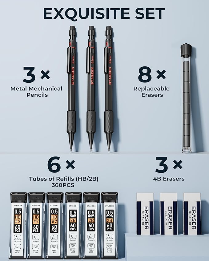 0.5mm Mechanical Pencil Set, 3PCS Metal Mechanical Pencils 0.5mm with 6 Tubes HB & 2B Lead Refills, Erasers, Weatherproof Artist Pencils with Case for Outdoor Writing Drafting Drawing
